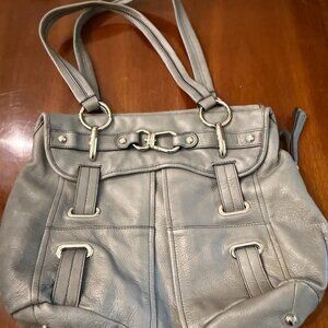 B Makowsky Gray Leather Handbag Silver Tone Hardware